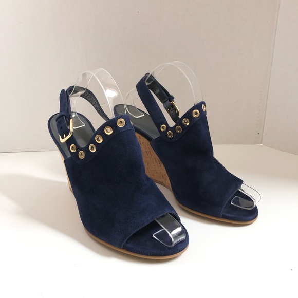 Stuart Weitzman Wedges Sandals Eyeliner Suede Leather Grommets Cork Blue Gold